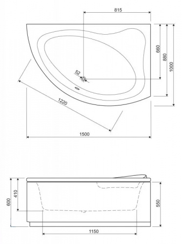 Акриловая ванна Cezares TEBE-150-100-41-R без гидромассажа фото 3